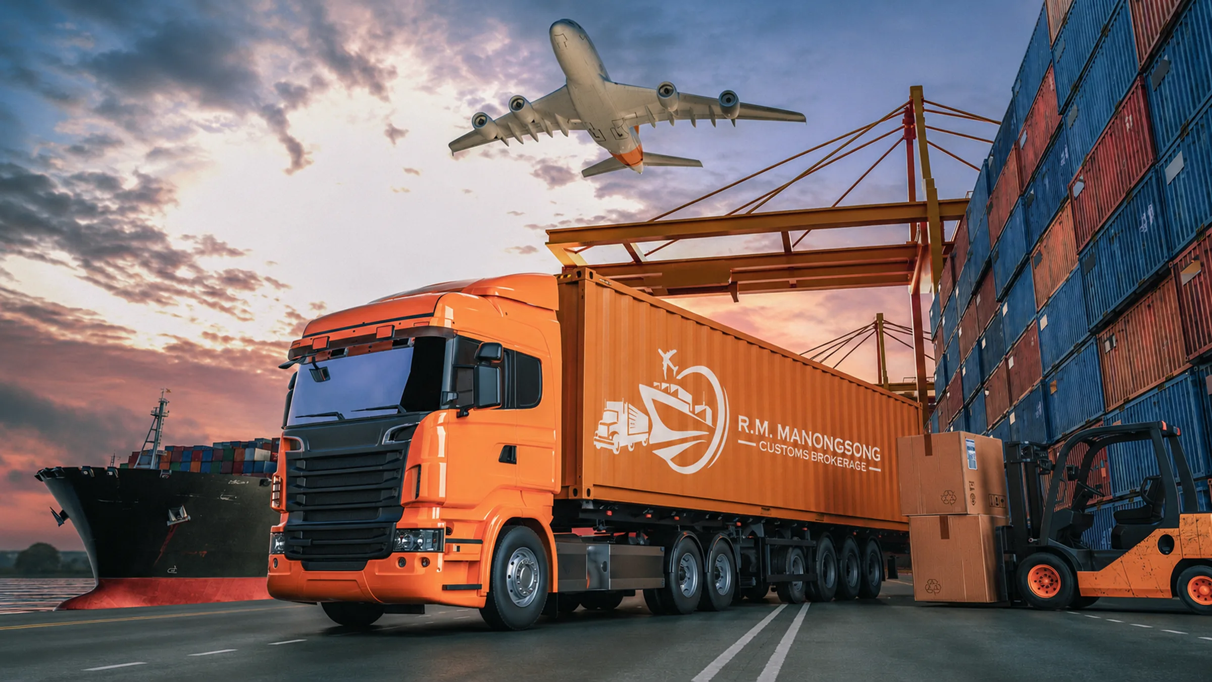 RM Manongsong Customs Brokerage branded container truck at port with a cargo ship, aircraft, and stacked containers